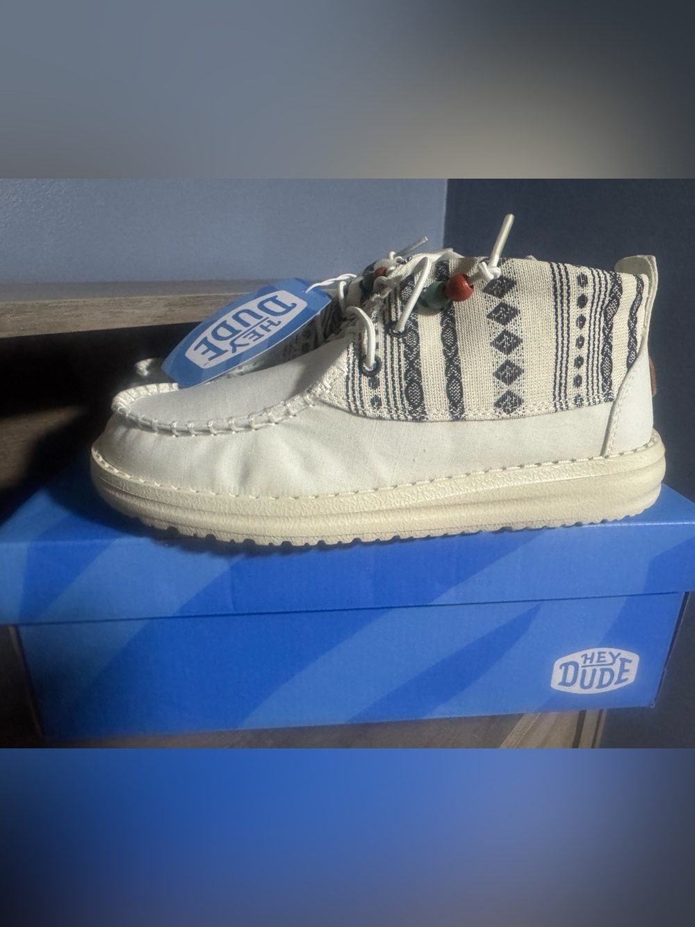 Hey Dude Cream Canvas Moccasin with Black Patterned Collar